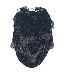 Vintage Black Drawstring Pouch Bag Purse With Loop Beads  Bling